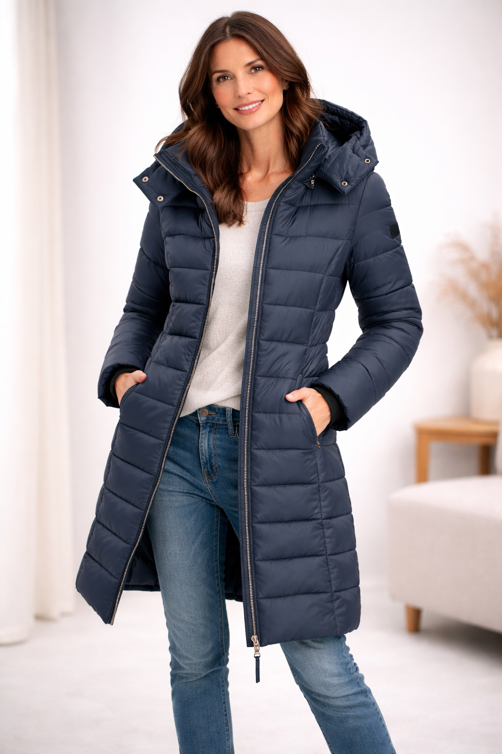 Hooded Down Jacket with Zipper – Casual Wear, Outdoor Activities