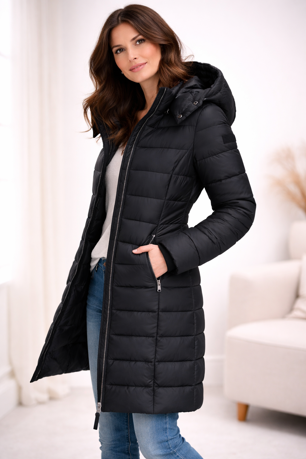 Hooded Down Jacket with Zipper – Casual Wear, Outdoor Activities