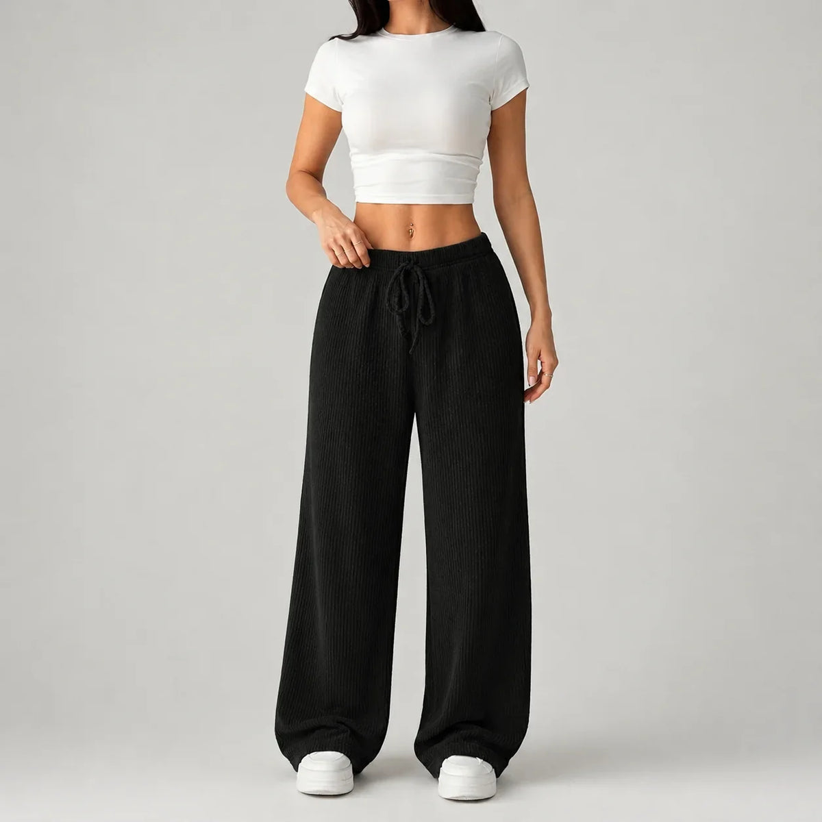 Women’s Wide Leg Lounge Pants, Ribbed Drawstring – Casual, Relaxation