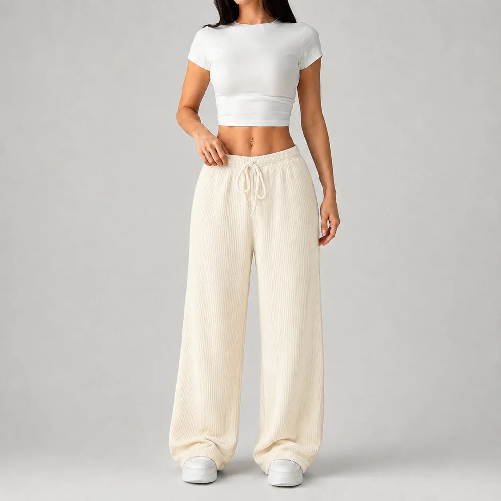 Women’s Wide Leg Lounge Pants, Ribbed Drawstring – Casual, Relaxation