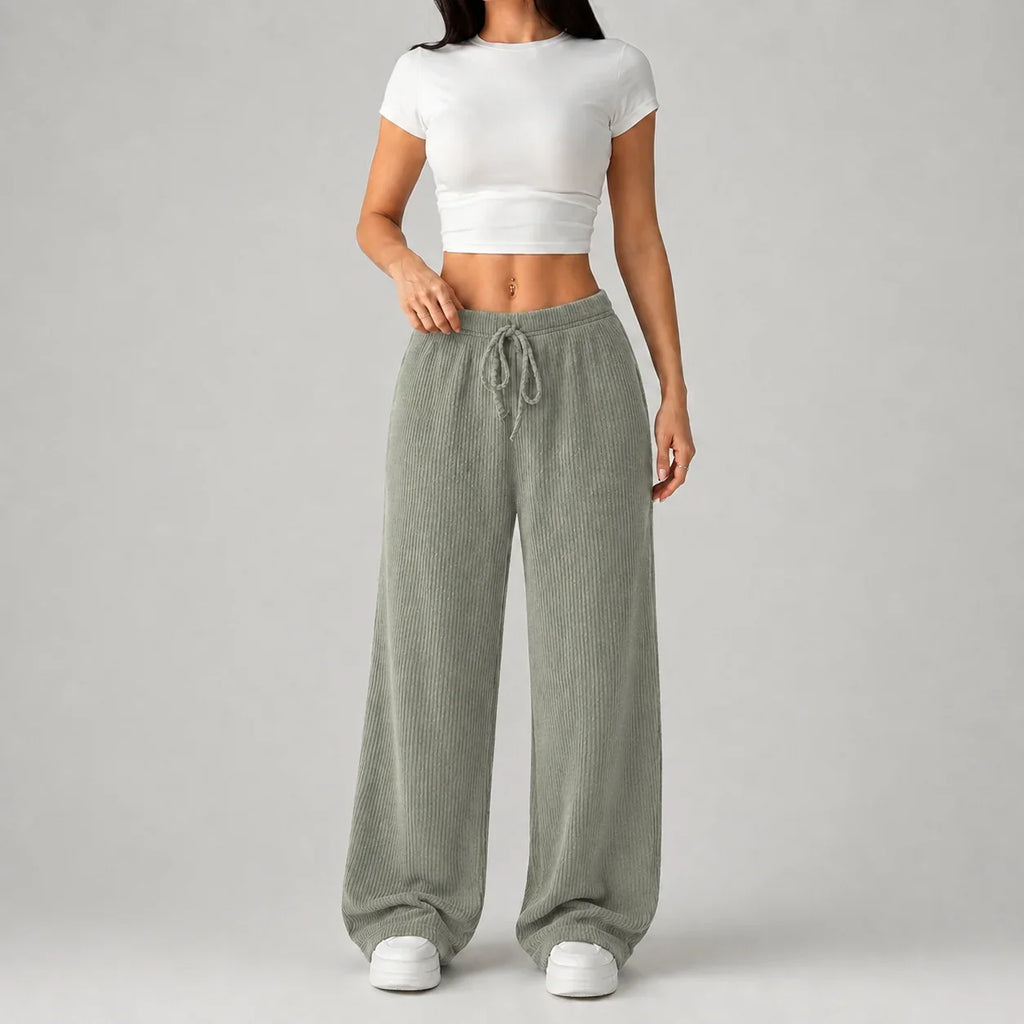 Women’s Wide Leg Lounge Pants, Ribbed Drawstring – Casual, Relaxation