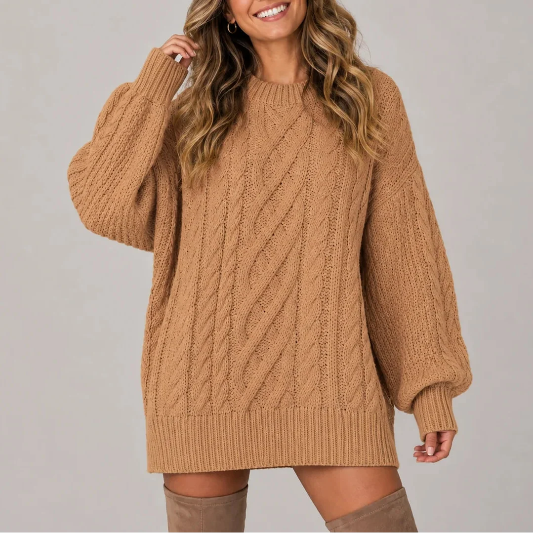 Oversized Cable Knit Jumper Dress for Women with Long Sleeves – Casual, Everyday Wear