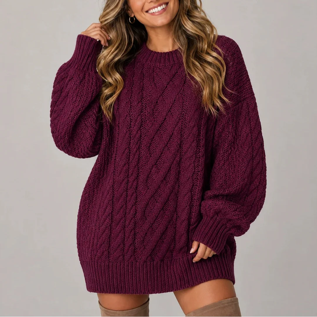 Oversized Cable Knit Jumper Dress for Women with Long Sleeves – Casual, Everyday Wear