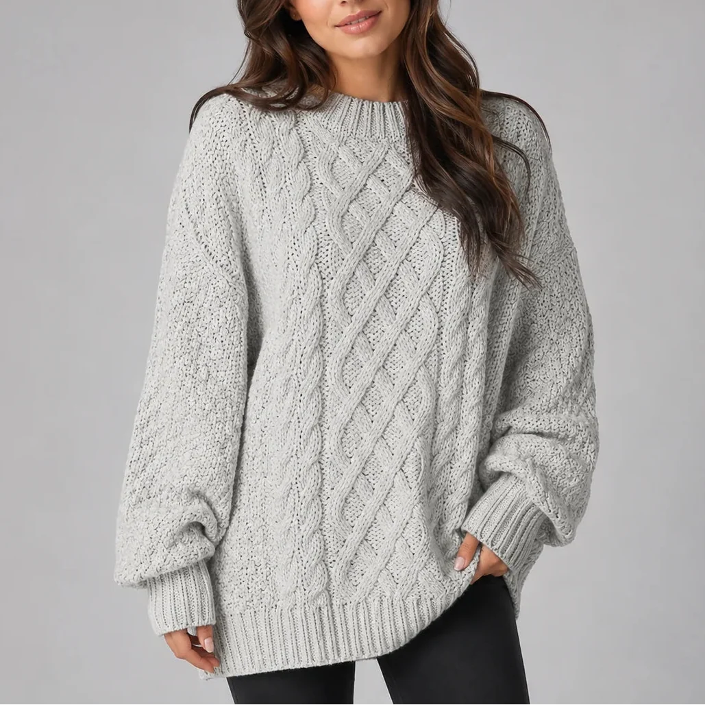 Oversized Cable Knit Jumper Dress for Women with Long Sleeves – Casual, Everyday Wear