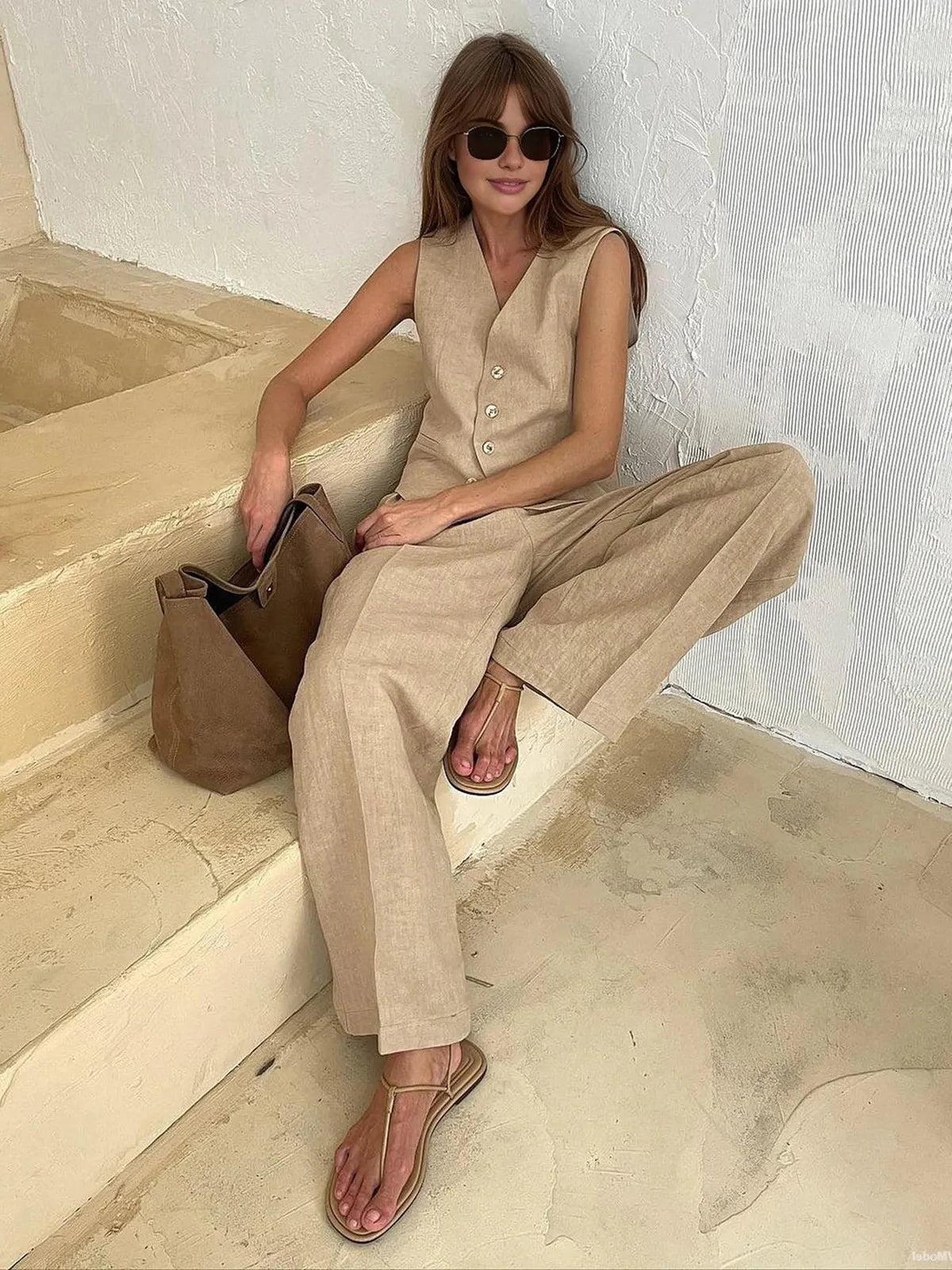 Cotton Linen Casual Two-Piece Outfit for Relaxation and Everyday Wear