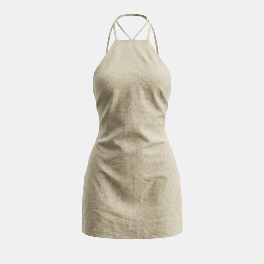 Cotton Linen Halter Neck Mini Dress for Women - Casual Summer Wear