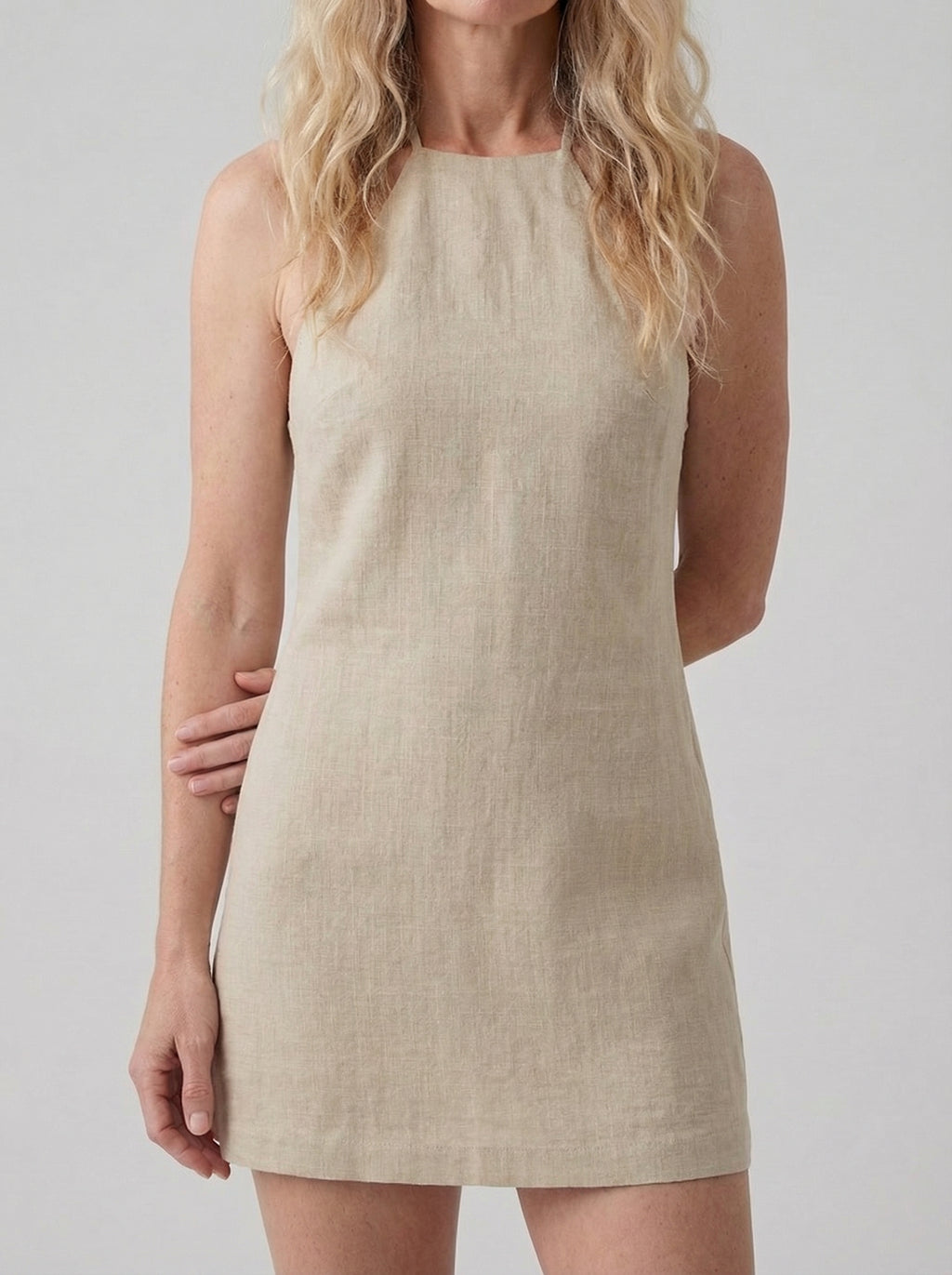 Cotton Linen Halter Neck Mini Dress for Women - Casual Summer Wear