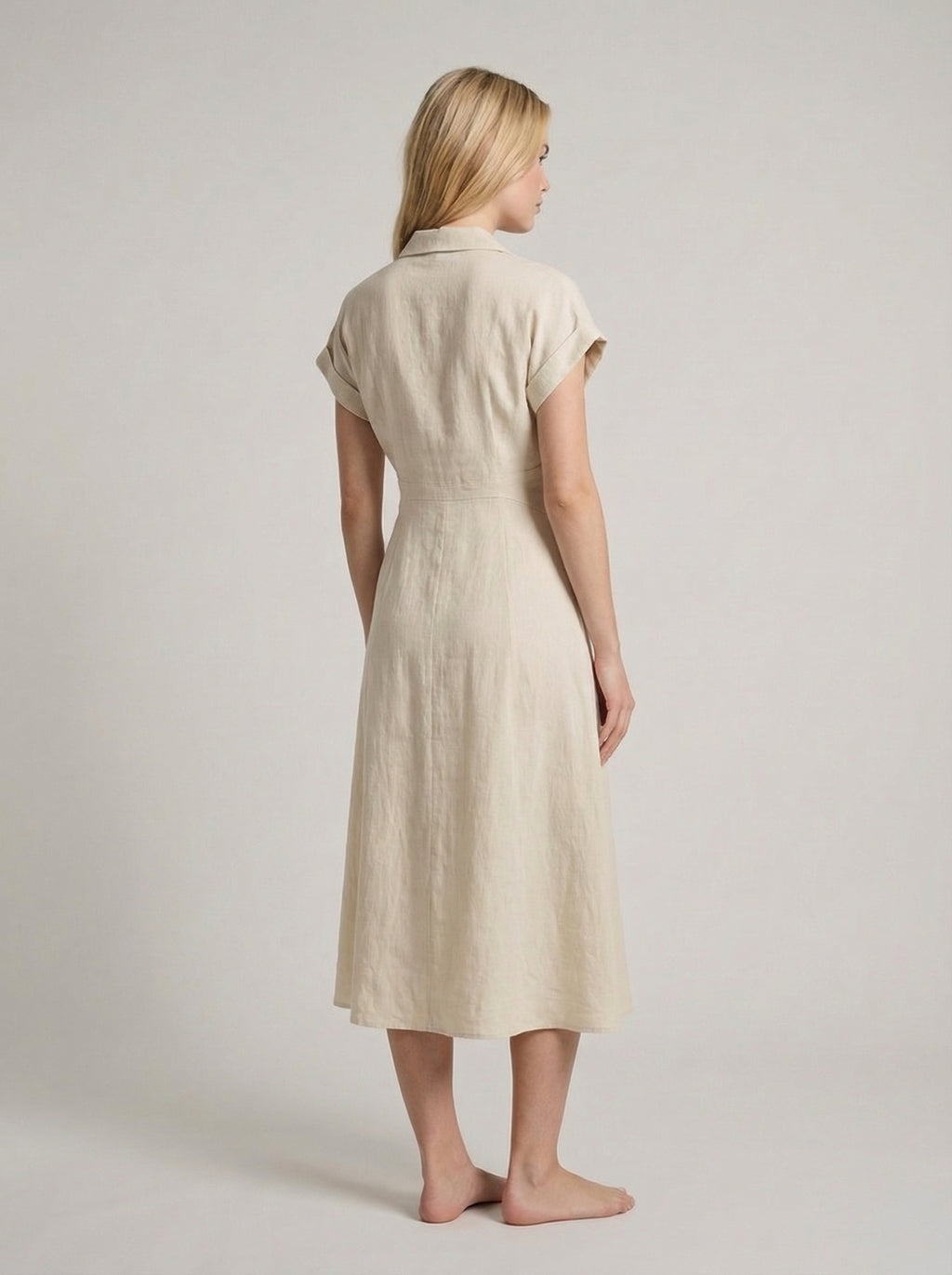 Cotton Linen Midi Dress for Women - Tailored Shirt Style, Casual Wear
