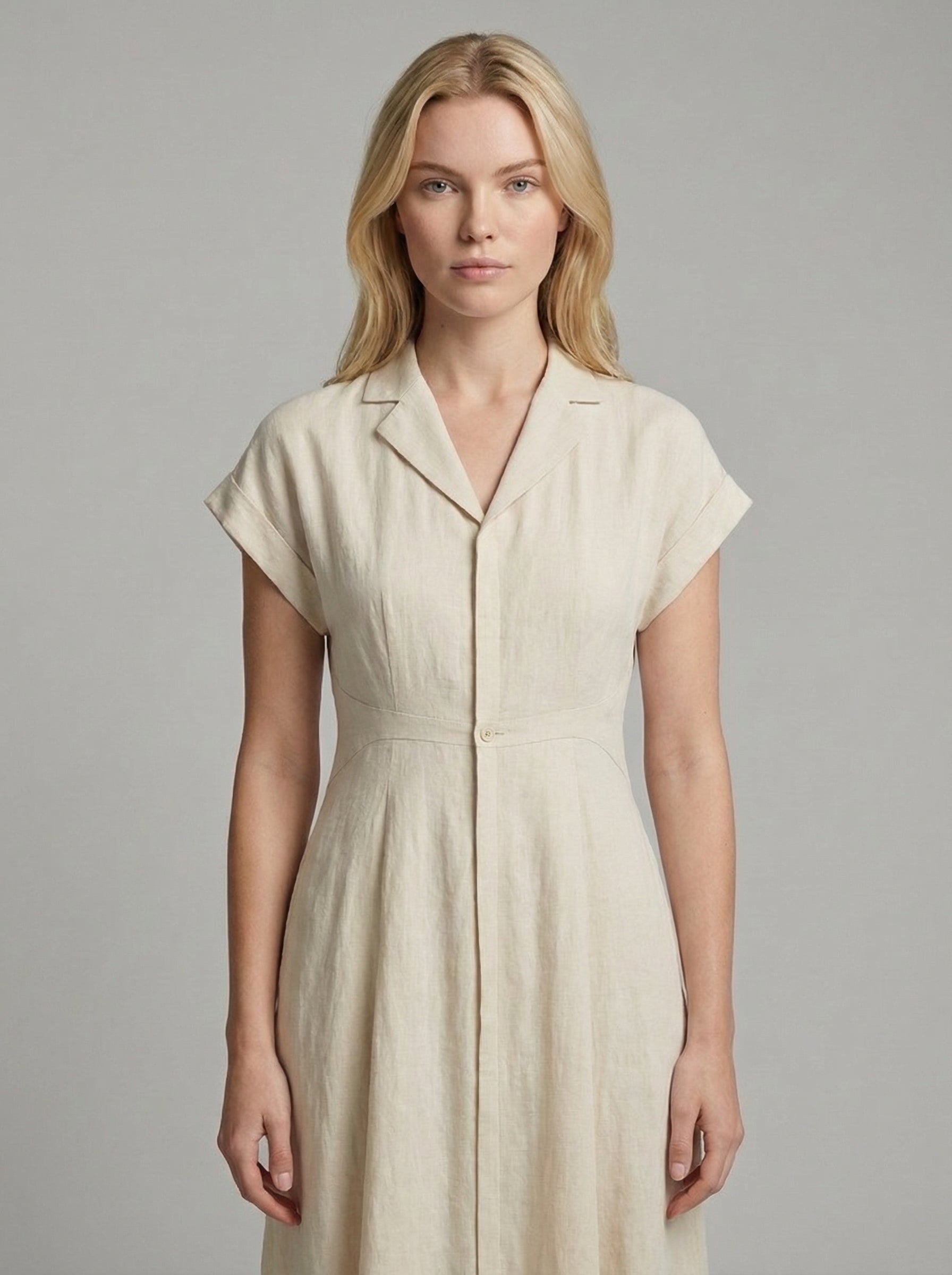 Cotton Linen Midi Dress for Women - Tailored Shirt Style, Casual Wear