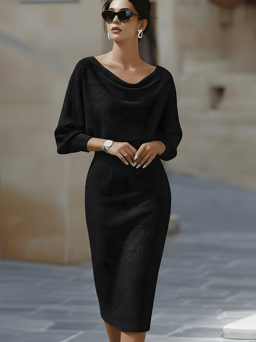 Draped Batwing Sleeve Midi Dress for Women - Elegant Evening Wear