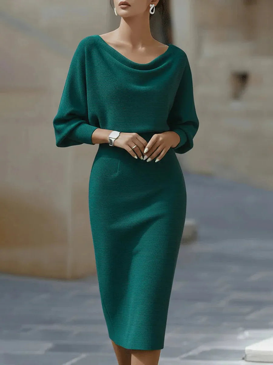 Draped Batwing Sleeve Midi Dress for Women - Elegant Evening Wear