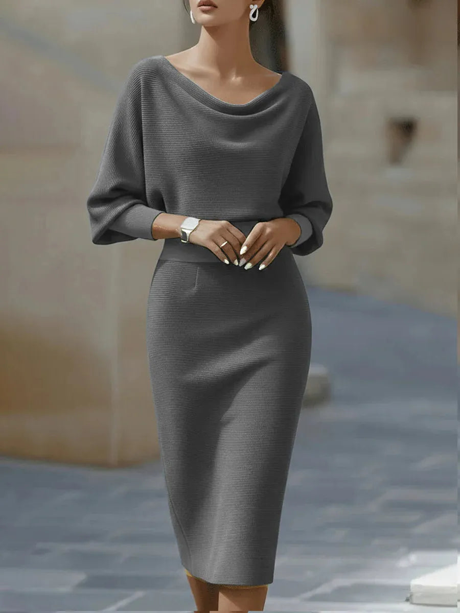 Draped Batwing Sleeve Midi Dress for Women - Elegant Evening Wear