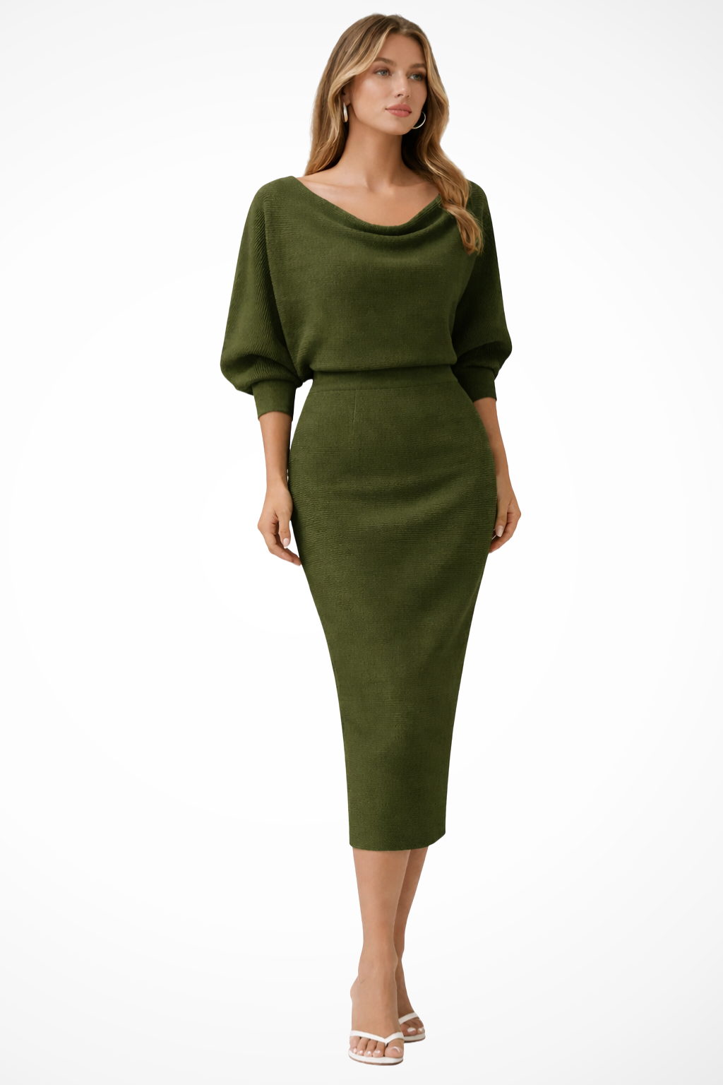 Draped Batwing Sleeve Midi Dress for Women - Elegant Evening Wear