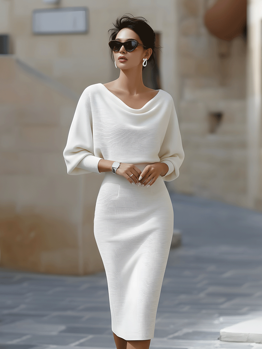 Draped Batwing Sleeve Midi Dress for Women - Elegant Evening Wear
