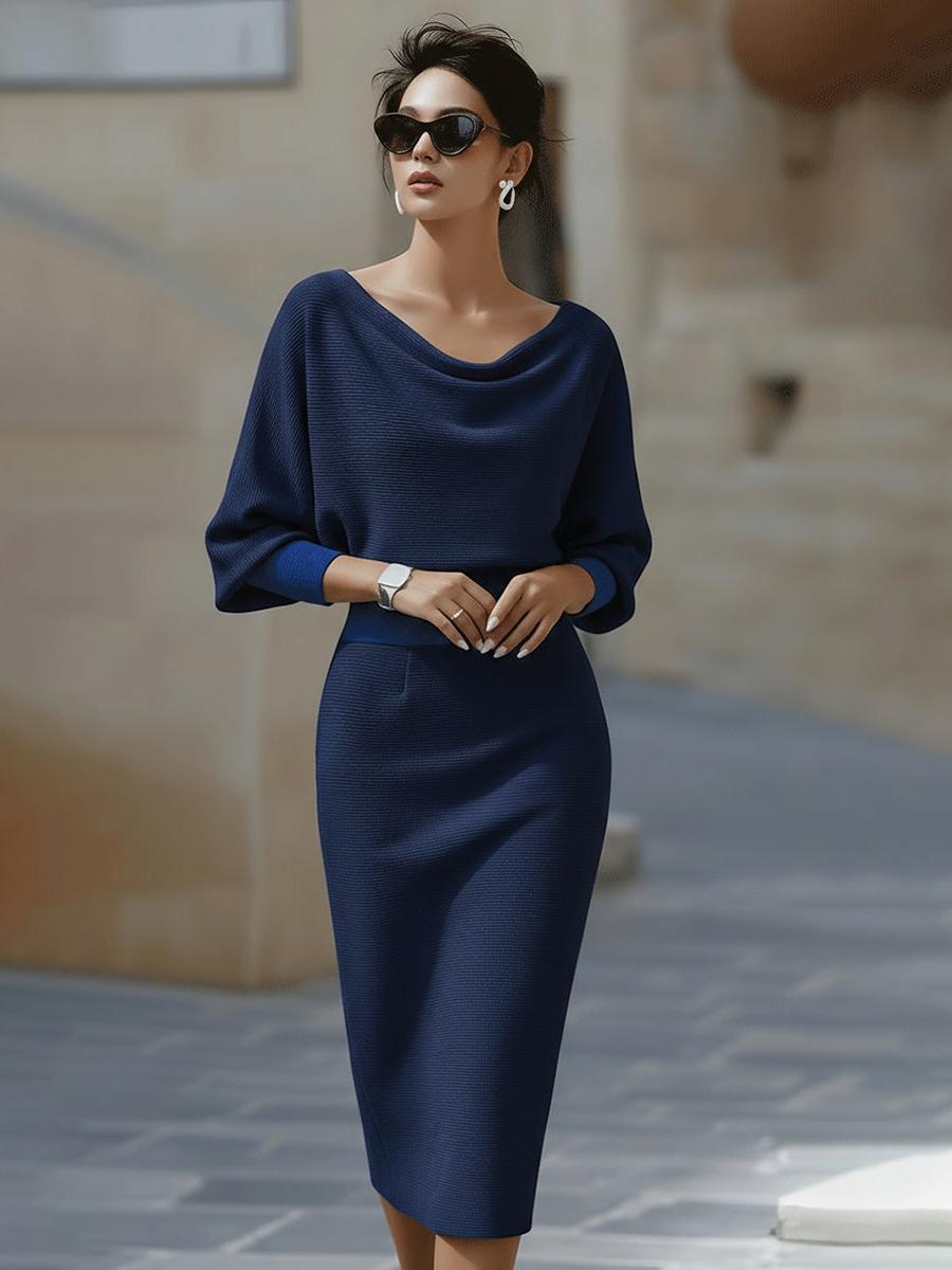 Draped Batwing Sleeve Midi Dress for Women - Elegant Evening Wear