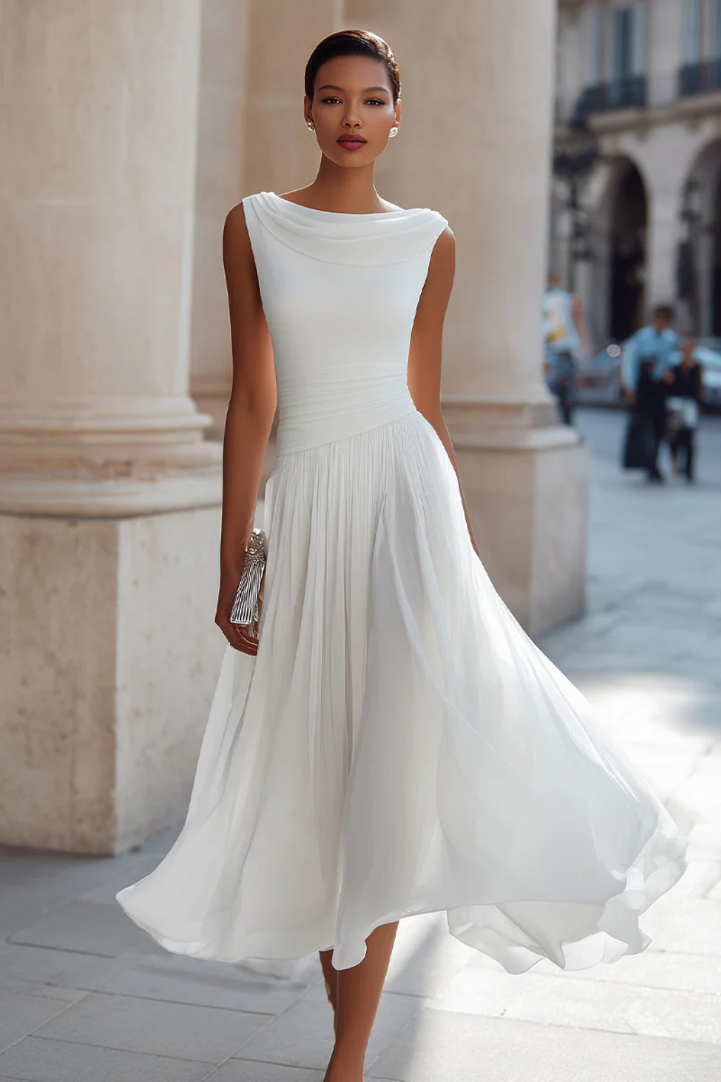 Draped Pleated Midi Dress | Women's Wedding Guest Attire | Elegant Design