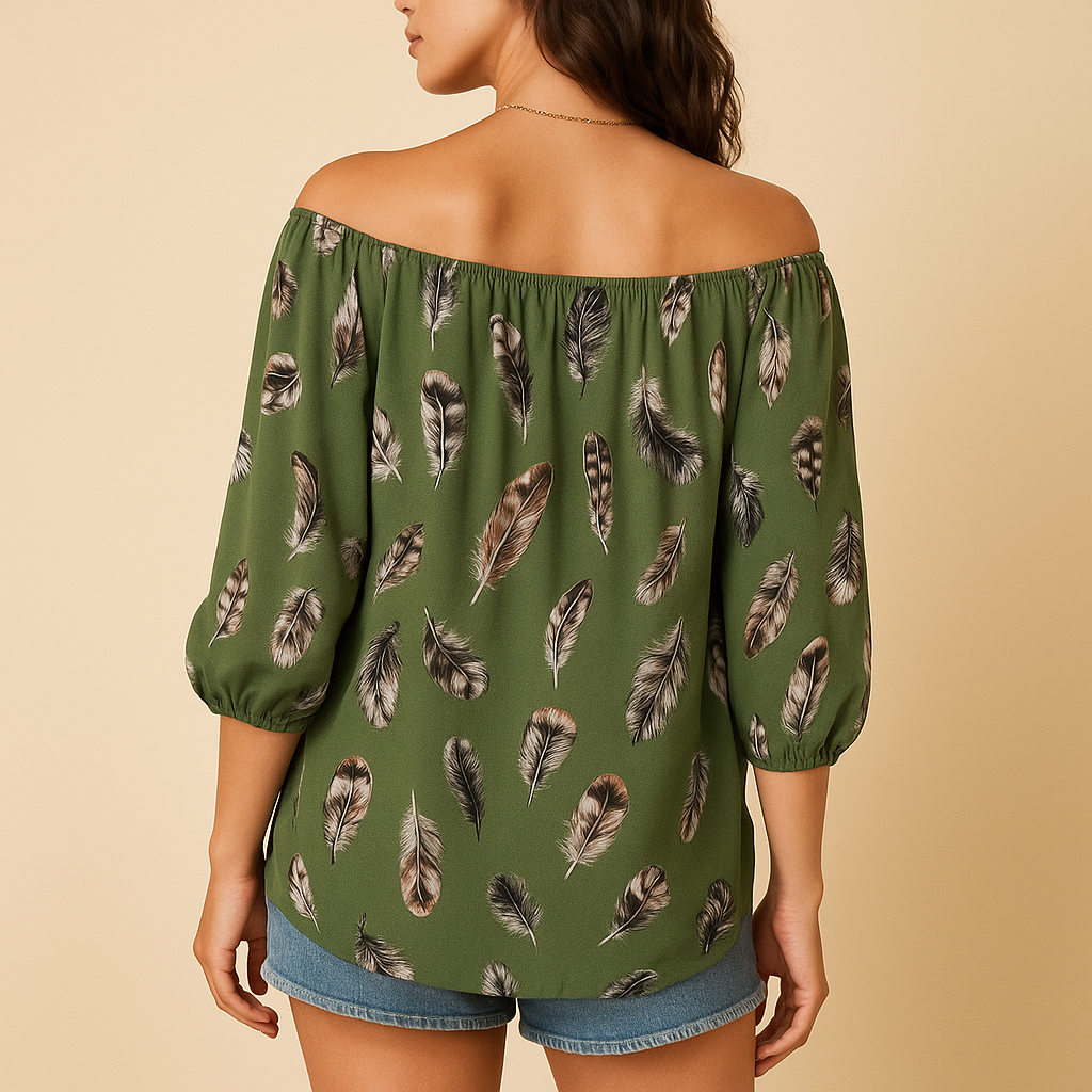 Feather Print V-Neck Blouse | Lightweight Casual Top for Women | Everyday Wear Blouse