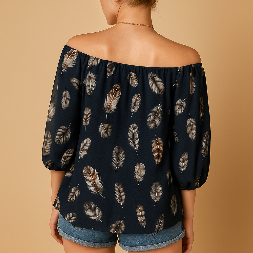 Feather Print V-Neck Blouse | Lightweight Casual Top for Women | Everyday Wear Blouse
