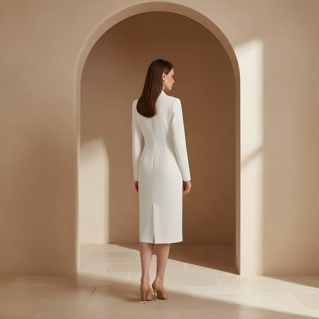 Fitted Midi Dress with Elegant Lapel Design for Women's Formal Wear