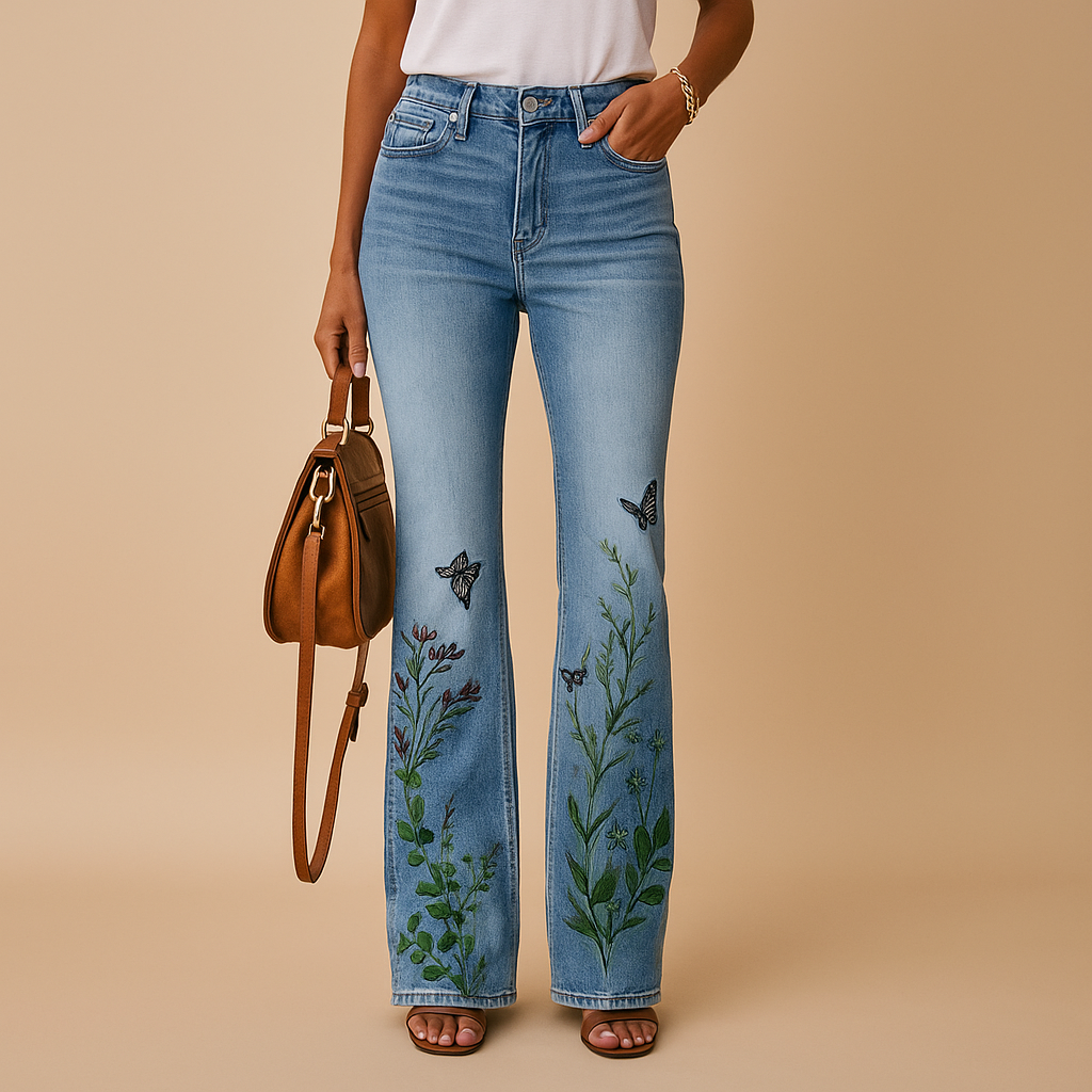 Flared Printed Jeans for Women | Casual Denim Trousers with Unique Pattern | Everyday Fashion Bottoms
