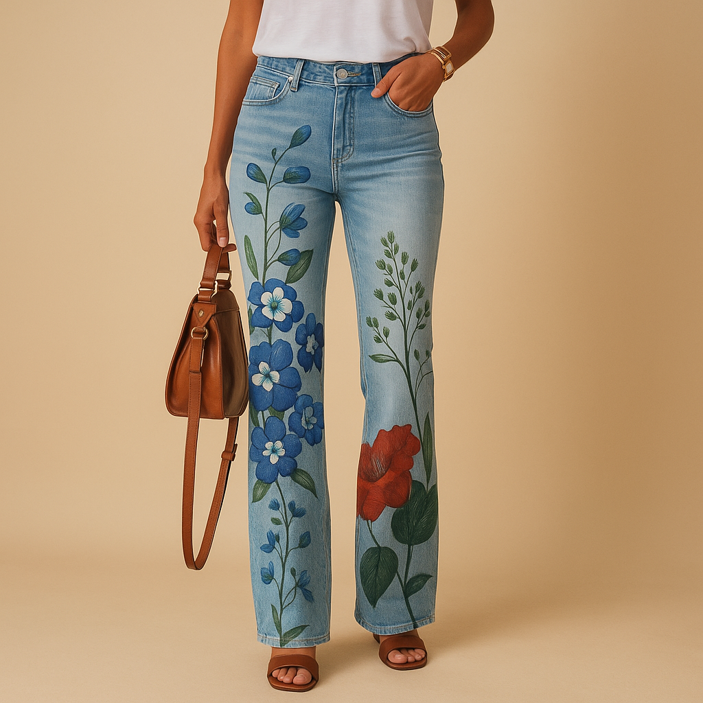 Flared Printed Jeans for Women | Casual Denim Trousers with Unique Pattern | Everyday Fashion Bottoms