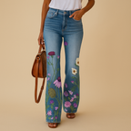 Flared Printed Jeans for Women | Casual Denim Trousers with Unique Pattern | Everyday Fashion Bottoms
