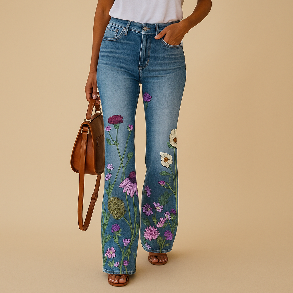Flared Printed Jeans for Women | Casual Denim Trousers with Unique Pattern | Everyday Fashion Bottoms