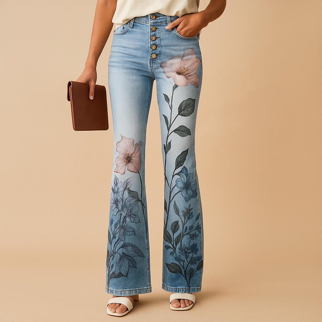 Flared Printed Jeans for Women | Casual Denim Trousers with Unique Pattern | Everyday Fashion Bottoms