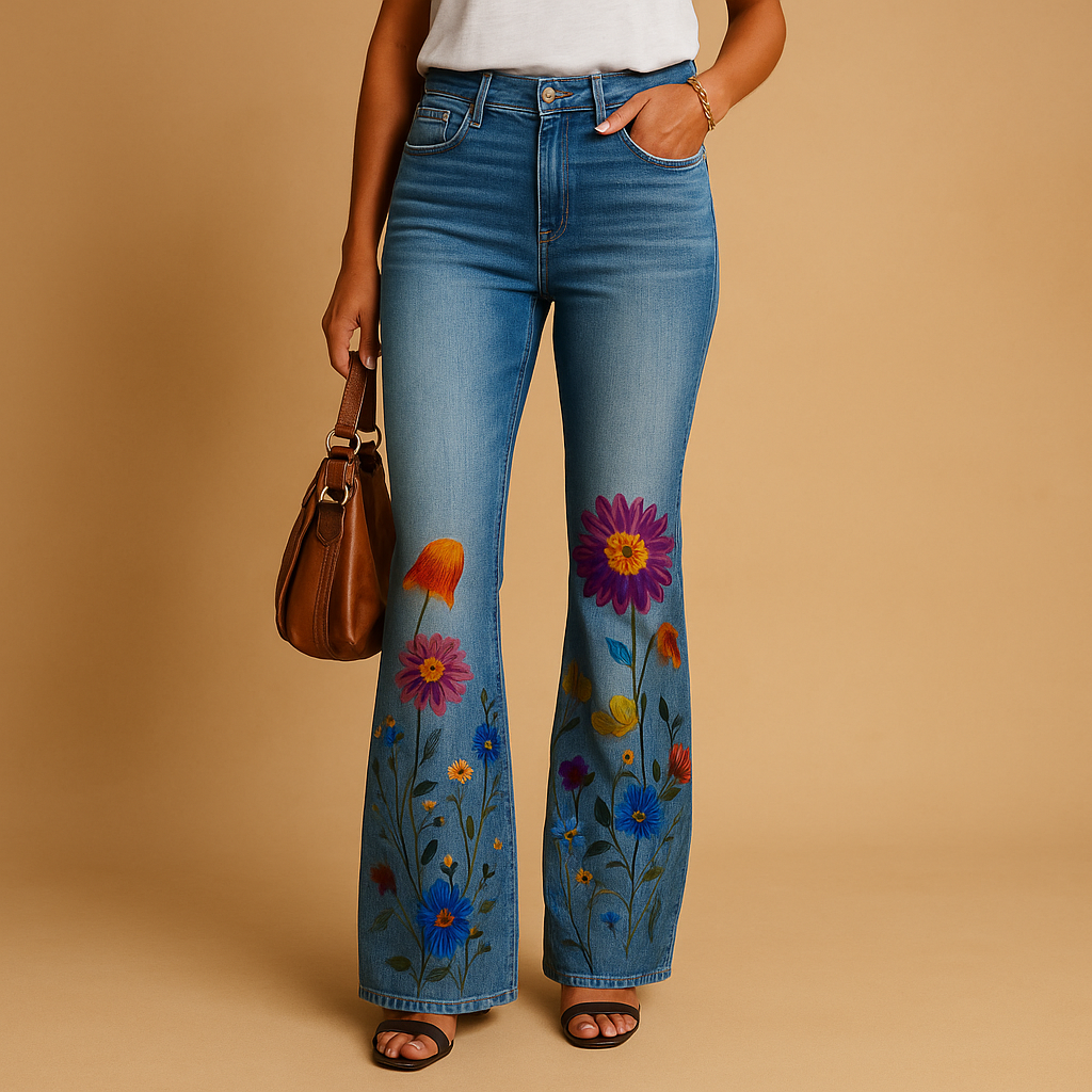 Flared Printed Jeans for Women | Casual Denim Trousers with Unique Pattern | Everyday Fashion Bottoms