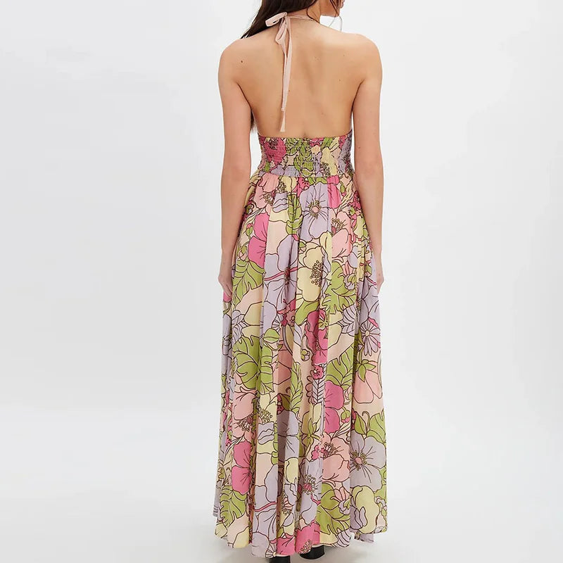 Floral Halter Maxi Dress for Women - Lightweight Beachwear Summer Dress