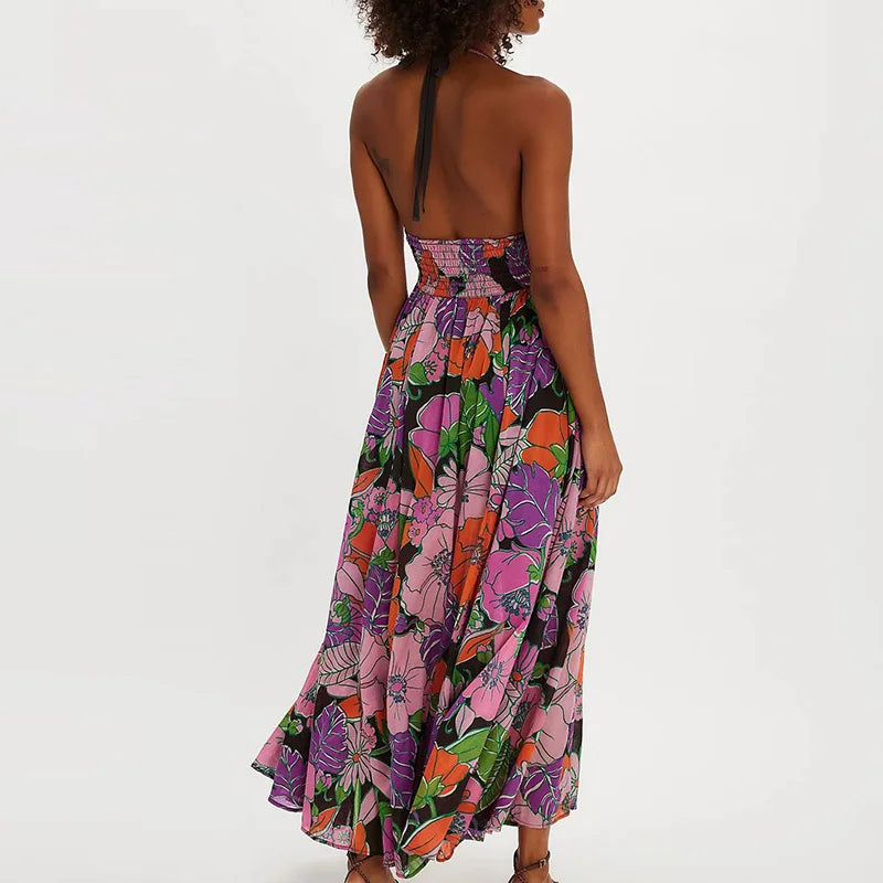 Floral Halter Maxi Dress for Women - Lightweight Beachwear Summer Dress