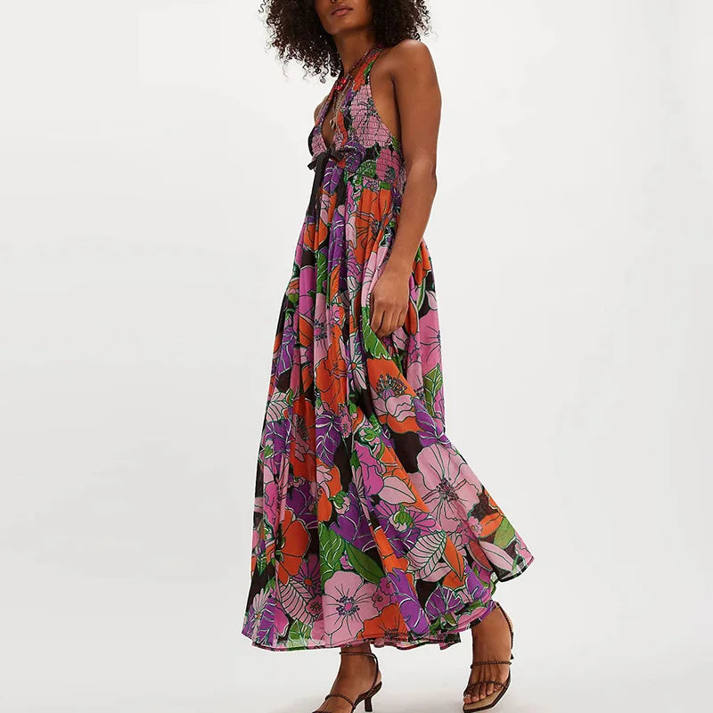 Floral Halter Maxi Dress for Women - Lightweight Beachwear Summer Dress