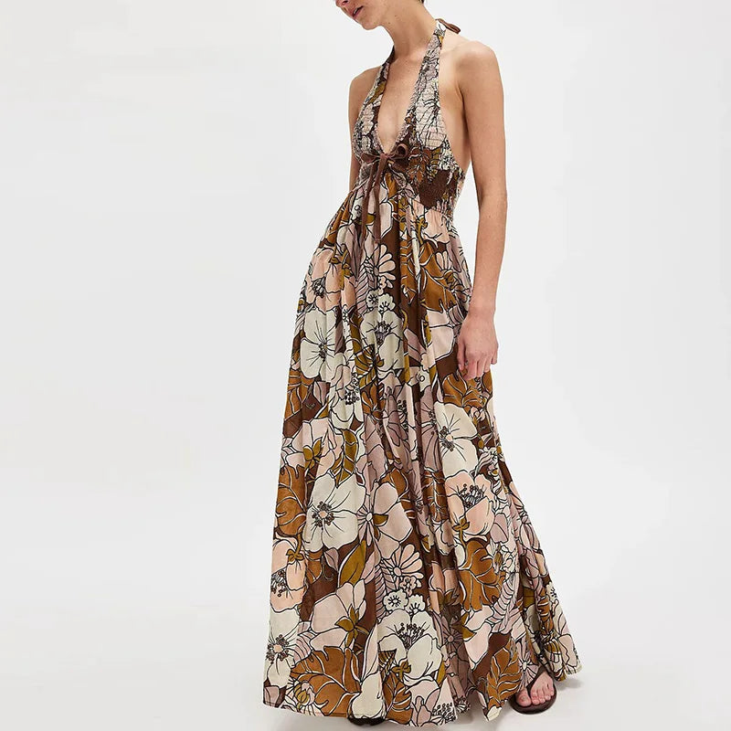 Floral Halter Maxi Dress for Women - Lightweight Beachwear Summer Dress