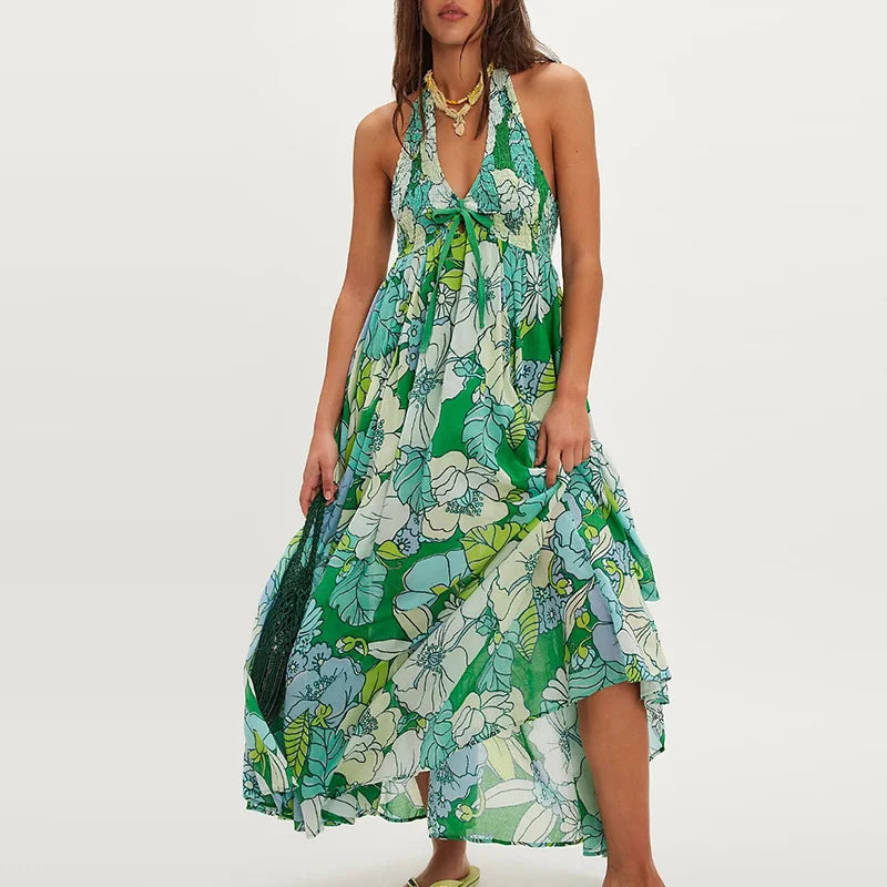 Floral Halter Maxi Dress for Women - Lightweight Beachwear Summer Dress