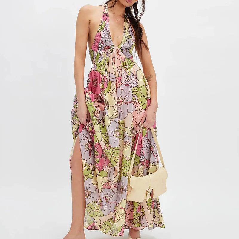 Floral Halter Maxi Dress for Women - Lightweight Beachwear Summer Dress