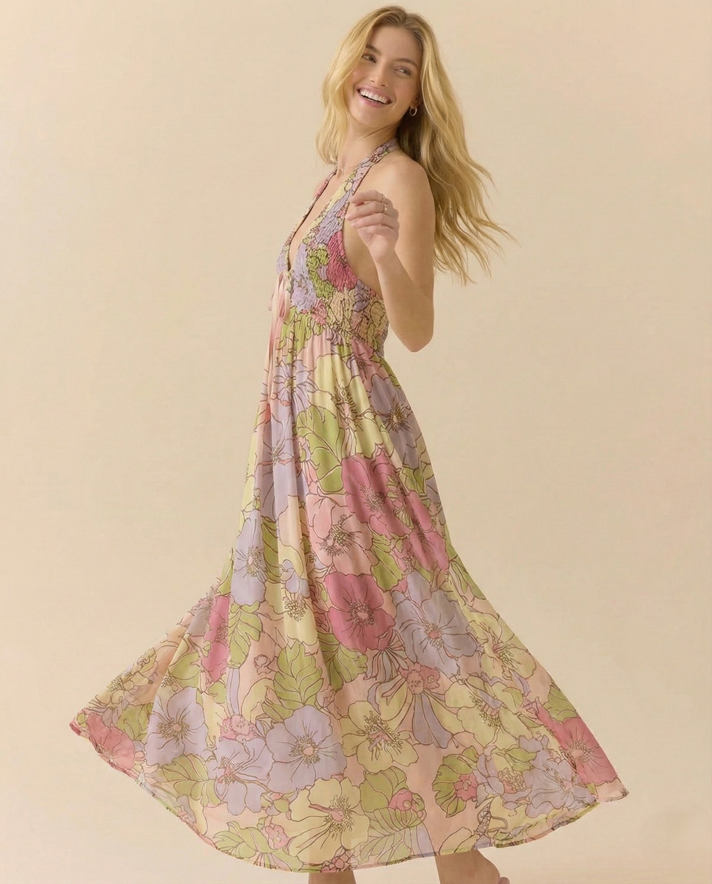 Floral Halter Maxi Dress for Women - Lightweight Beachwear Summer Dress