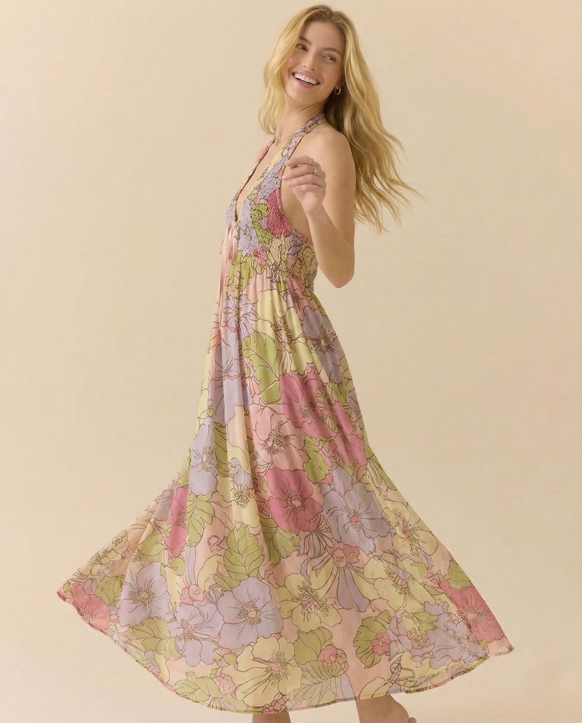 Floral Halter Maxi Dress for Women - Lightweight Beachwear Summer Dress