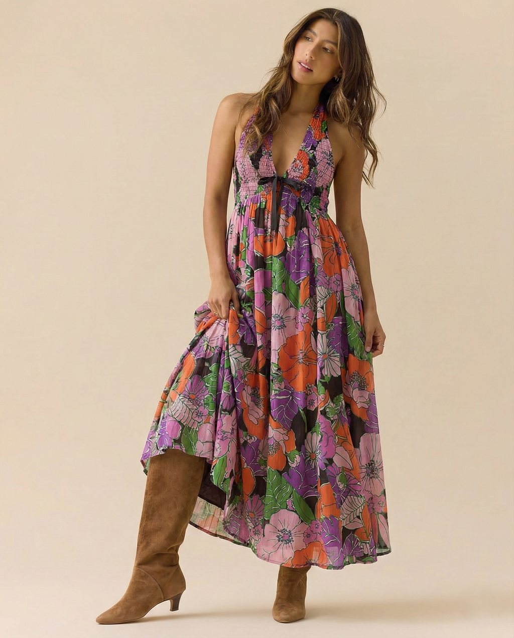 Floral Halter Maxi Dress for Women - Lightweight Beachwear Summer Dress