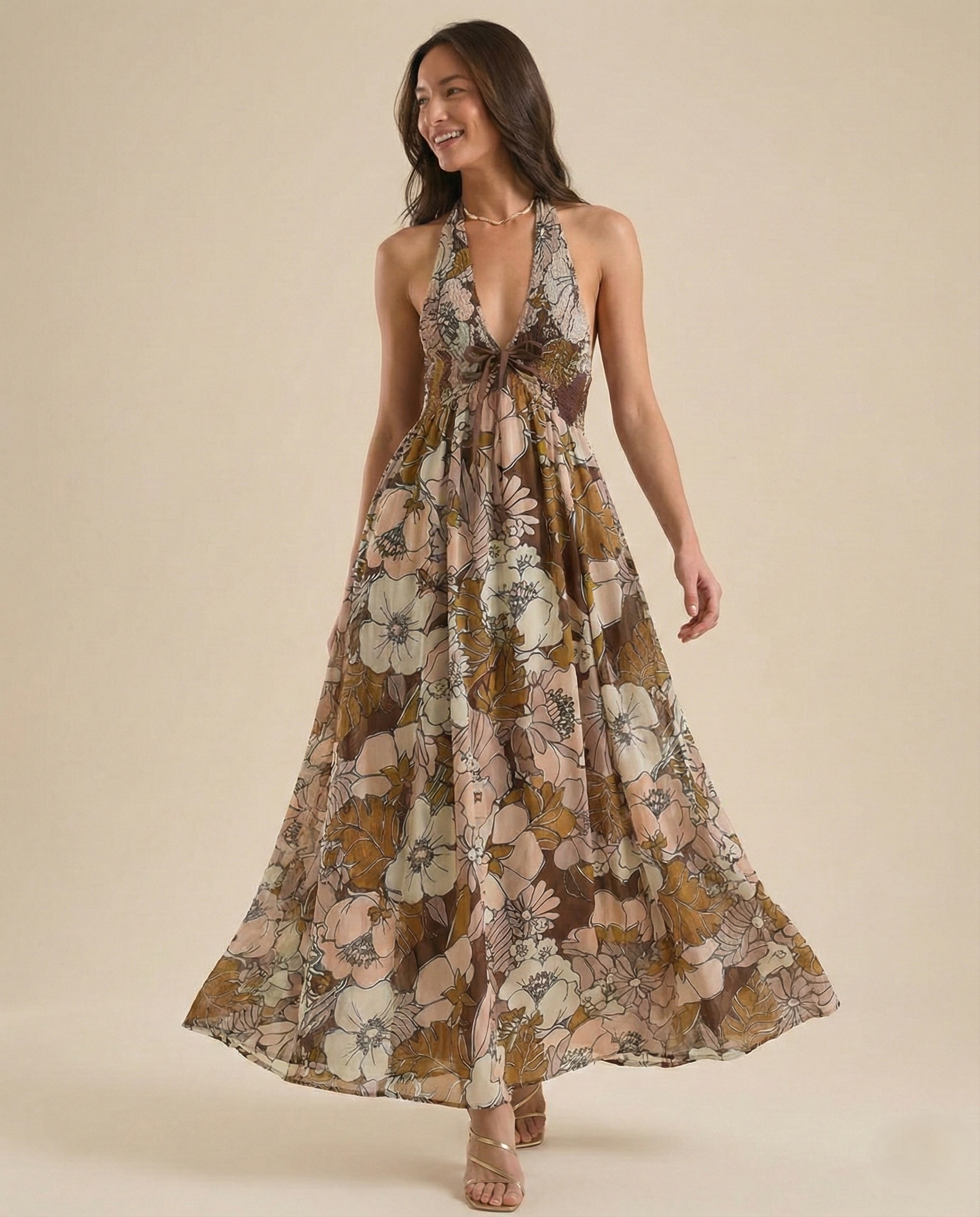 Floral Halter Maxi Dress for Women - Lightweight Beachwear Summer Dress