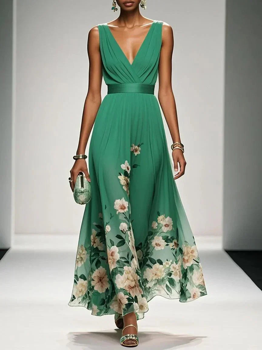 Floral Maxi Dress for Women - Sleeveless V-Neck, Wide Straps, Waistband - Ideal for Summer Events and Casual Outings
