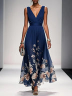 Floral Maxi Dress for Women - Sleeveless V-Neck, Wide Straps, Waistband - Ideal for Summer Events and Casual Outings
