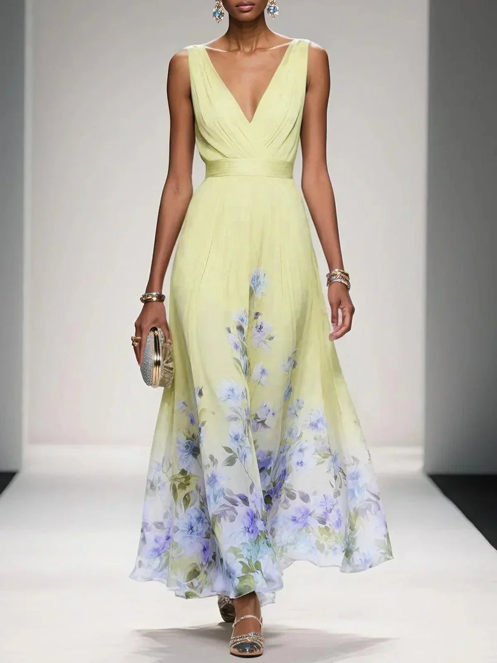 Floral Maxi Dress for Women - Sleeveless V-Neck, Wide Straps, Waistband - Ideal for Summer Events and Casual Outings