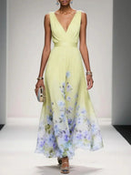 Floral Maxi Dress for Women - Sleeveless V-Neck, Wide Straps, Waistband - Ideal for Summer Events and Casual Outings
