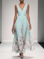 Floral Maxi Dress for Women - Sleeveless V-Neck, Wide Straps, Waistband - Ideal for Summer Events and Casual Outings