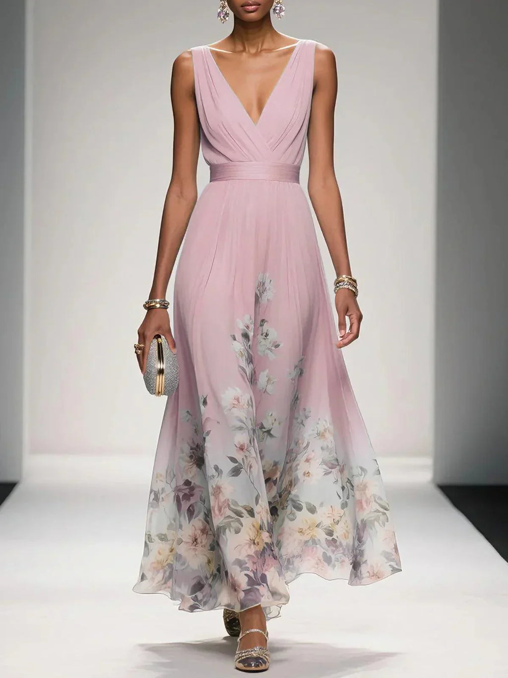 Floral Maxi Dress for Women - Sleeveless V-Neck, Wide Straps, Waistband - Ideal for Summer Events and Casual Outings