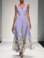 Floral Maxi Dress for Women - Sleeveless V-Neck, Wide Straps, Waistband - Ideal for Summer Events and Casual Outings