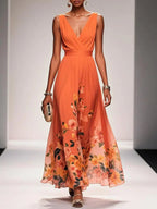 Floral Maxi Dress for Women - Sleeveless V-Neck, Wide Straps, Waistband - Ideal for Summer Events and Casual Outings