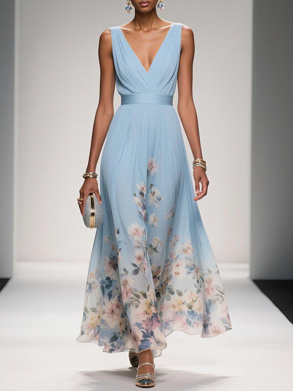 Floral Maxi Dress for Women - Sleeveless V-Neck, Wide Straps, Waistband - Ideal for Summer Events and Casual Outings