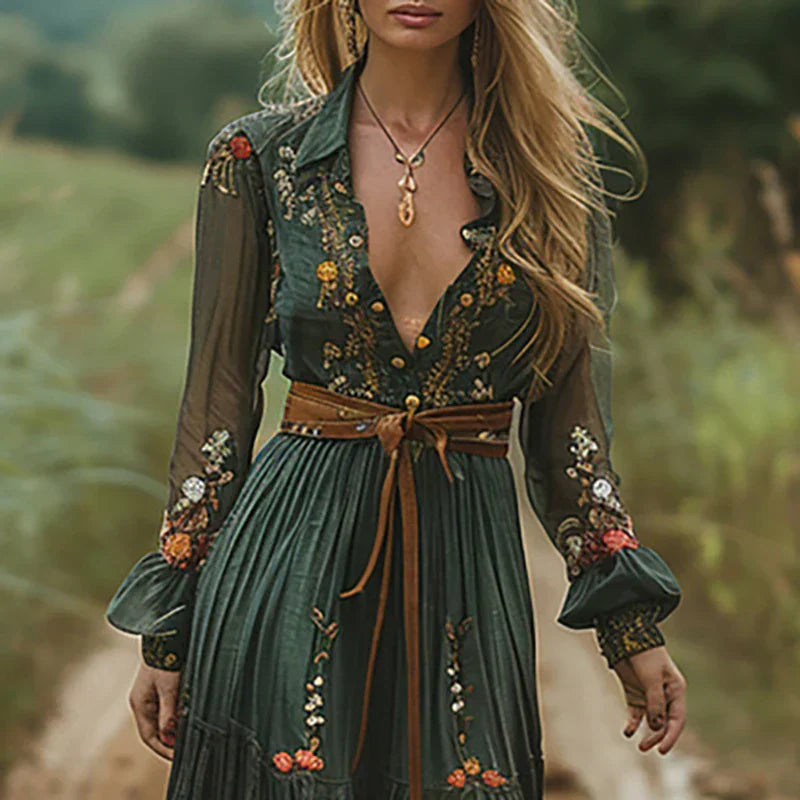 Floral Maxi Dress for Women with Ruffle Collar and Tie Waist Belt - Button-Front Design for Casual or Formal Wear