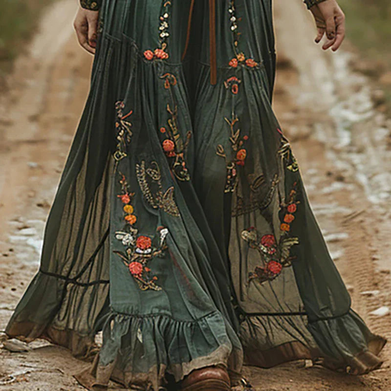 Floral Maxi Dress for Women with Ruffle Collar and Tie Waist Belt - Button-Front Design for Casual or Formal Wear